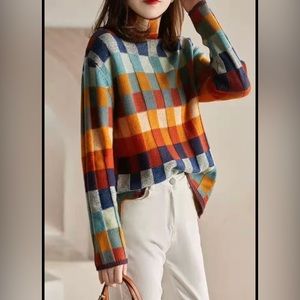 Autumn Checkerboard High Neck Sweater